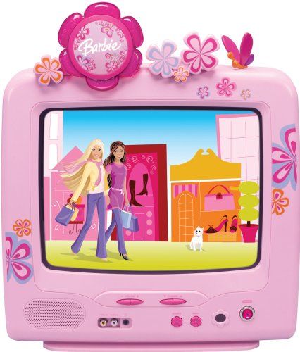 a pink barbie crt style tv with fake plastic flowers on the top