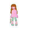pixel sprite art of a long brown haired white girl with a pink long sleeve shirt, green leggings, and green sneakers